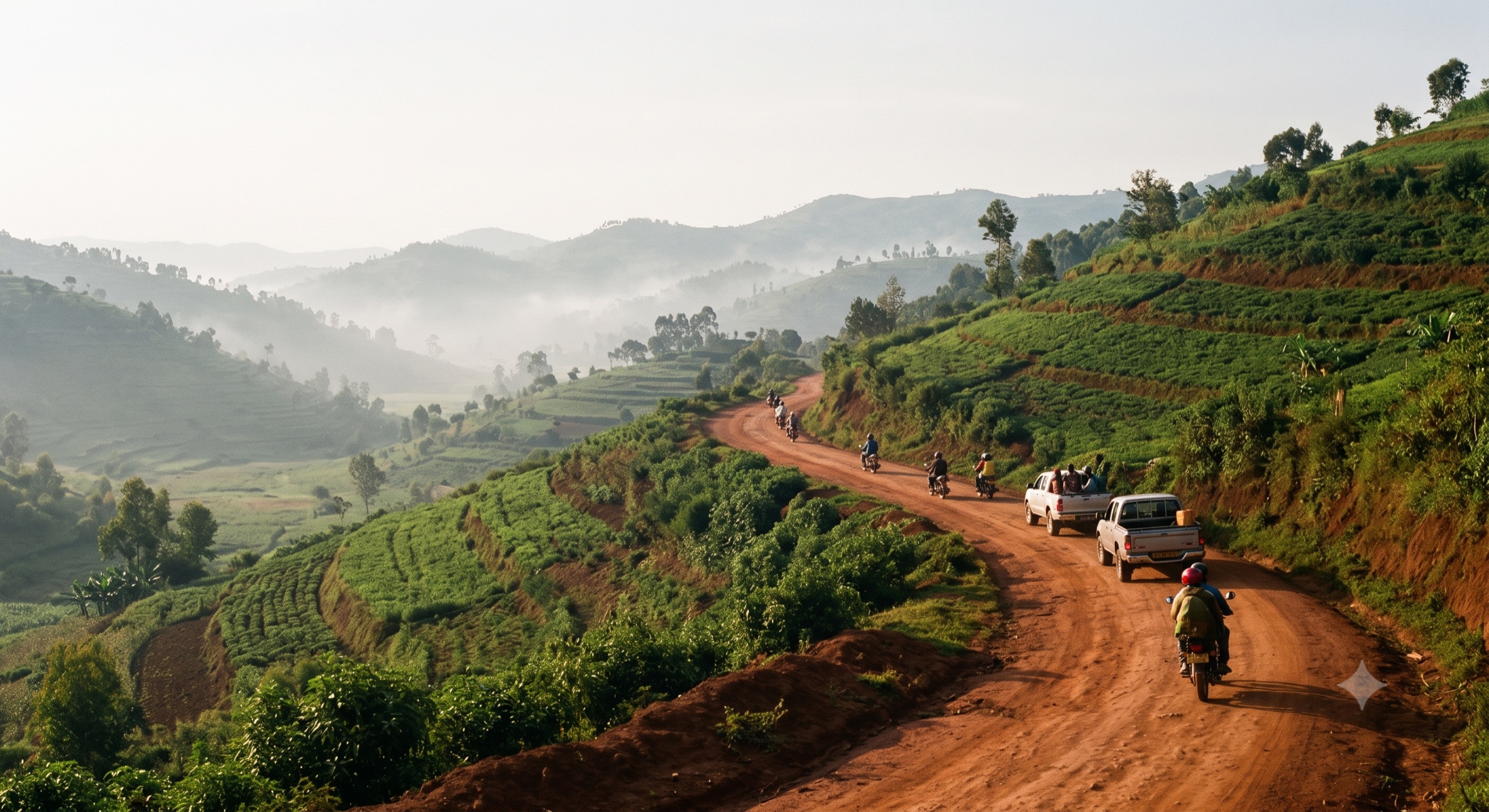 Route de terre rouge serpentant dans les collines du Rwanda, motos et pick-up en route au petit matin